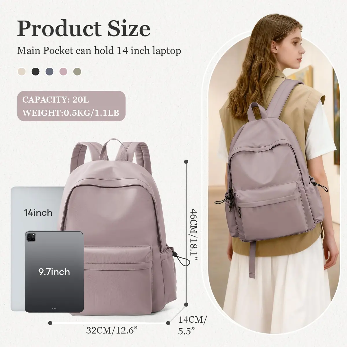 WEPOET Waterproof School Backpack for Men Women, 32cm (12.6in) x 46cm (18.1in) x 14cm (5.5in) | Durable Nylon College Bookbag with Laptop Sleeve - view 2