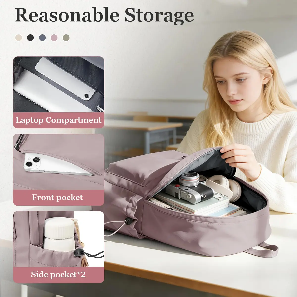 WEPOET Waterproof School Backpack for Men Women, 32cm (12.6in) x 46cm (18.1in) x 14cm (5.5in) | Durable Nylon College Bookbag with Laptop Sleeve - view 3