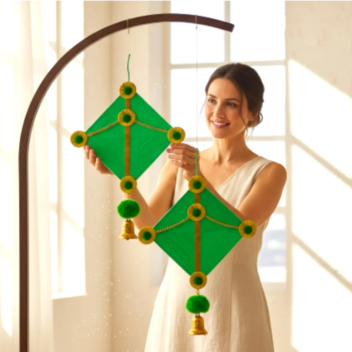iHandikart Handmade Woolen Kite Wall Hanging Decoration | Makar Sankranti Festive Decor 17x12 Inches Green Pack of 2 - view 7