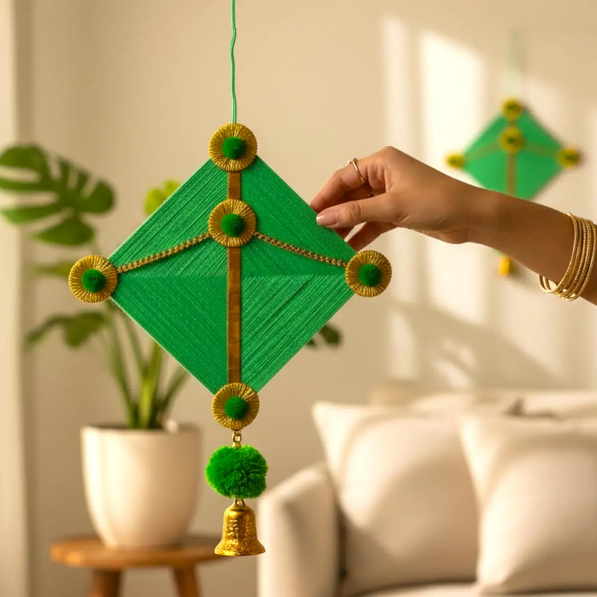 iHandikart Handmade Woolen Kite Wall Hanging Decoration | Makar Sankranti Festive Decor 17x12 Inches Green Pack of 2 - view 8