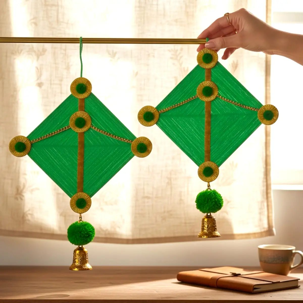iHandikart Handmade Woolen Kite Wall Hanging Decoration | Makar Sankranti Festive Decor 17x12 Inches Green Pack of 2 - view 3