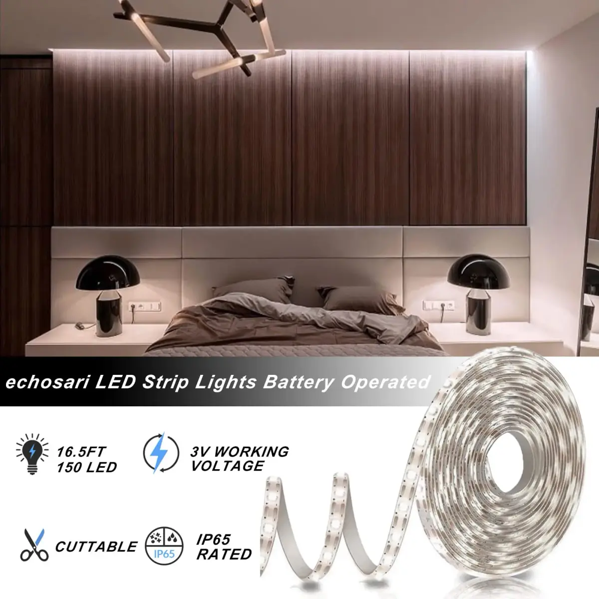 echosari Battery Operated LED Strip Lights, 16.5Ft 150 LED Cool White with Remote, 8 Modes - view 4