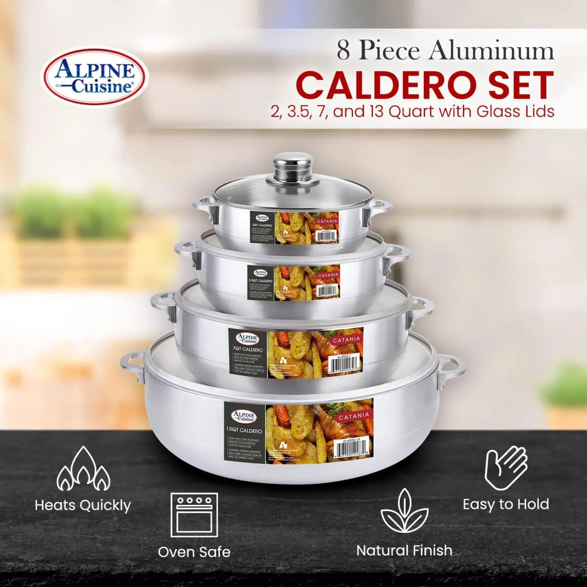 Alpine Cuisine 8-Piece Aluminum Caldero Set with Glass Lids | Versatile Pots for Stews, Rice & Soups in 2, 3.5, 7, 13 Quart Sizes - view 5