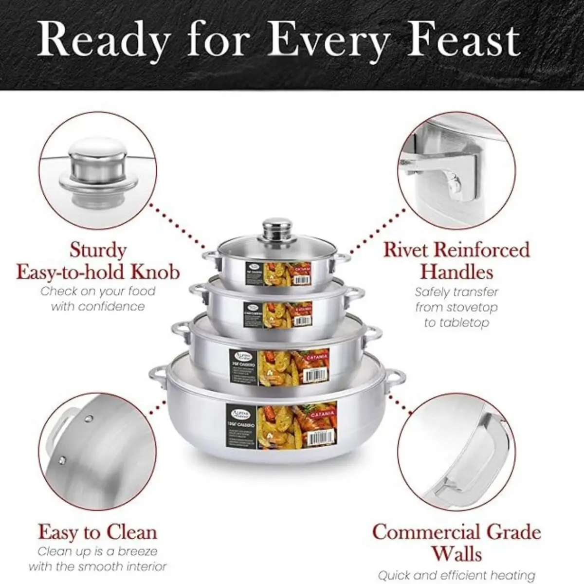 Alpine Cuisine 8-Piece Aluminum Caldero Set with Glass Lids | Versatile Pots for Stews, Rice & Soups in 2, 3.5, 7, 13 Quart Sizes - view 6
