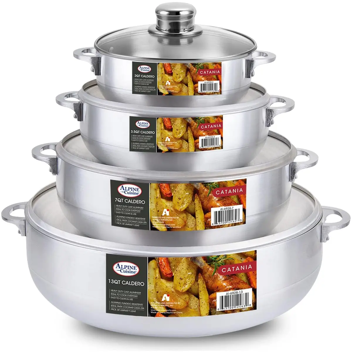 Alpine Cuisine 8-Piece Aluminum Caldero Set with Glass Lids | Versatile Pots for Stews, Rice & Soups in 2, 3.5, 7, 13 Quart Sizes - main product image