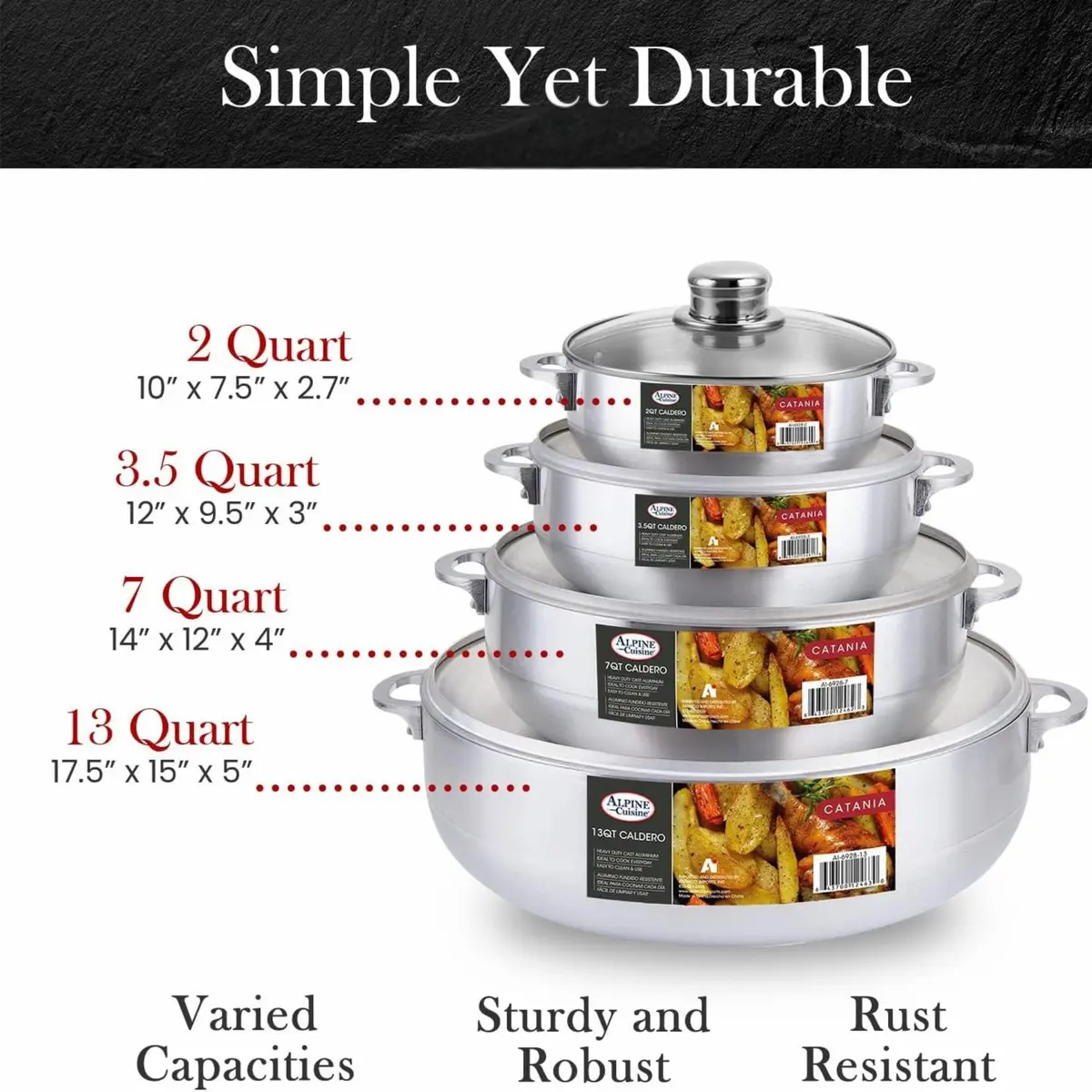 Alpine Cuisine 8-Piece Aluminum Caldero Set with Glass Lids | Versatile Pots for Stews, Rice & Soups in 2, 3.5, 7, 13 Quart Sizes - view 7