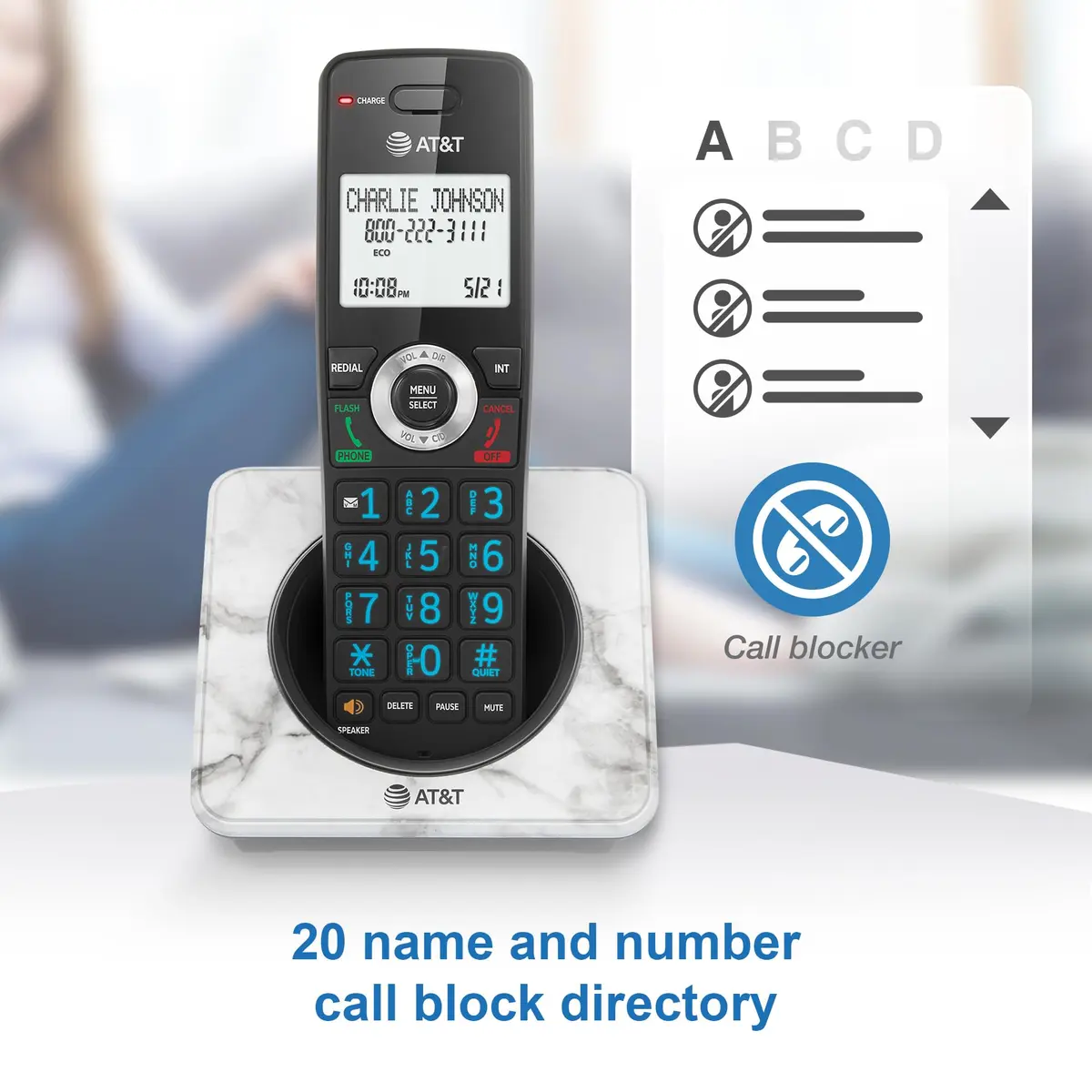 AT&T DECT 6.0 Cordless Phone with Call Block | Marble Finish, 2" Backlit Display, Full-Duplex Speakerphone - view 2