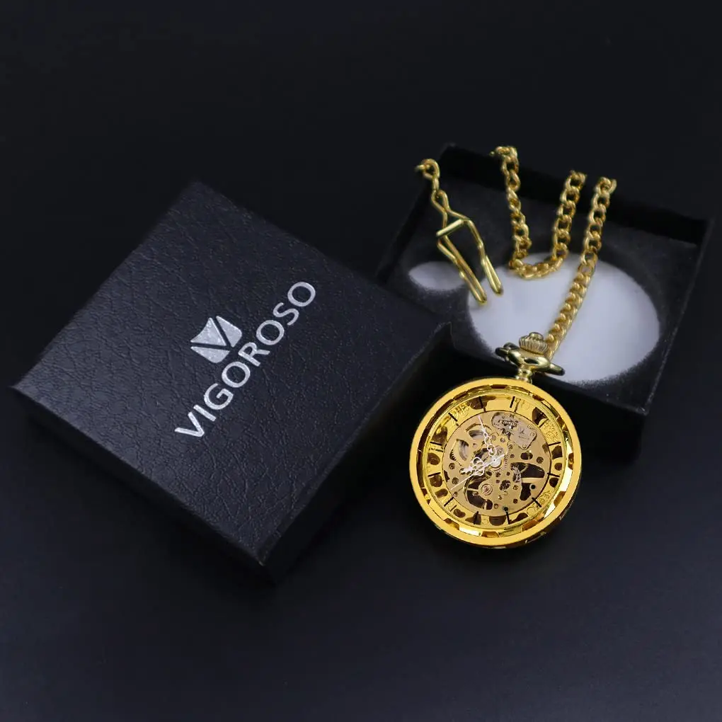 VIGOROSO Men’s Skeleton Pocket Watch with Chain | Hand Wind Mechanical Watch for Men, Gift - view 6