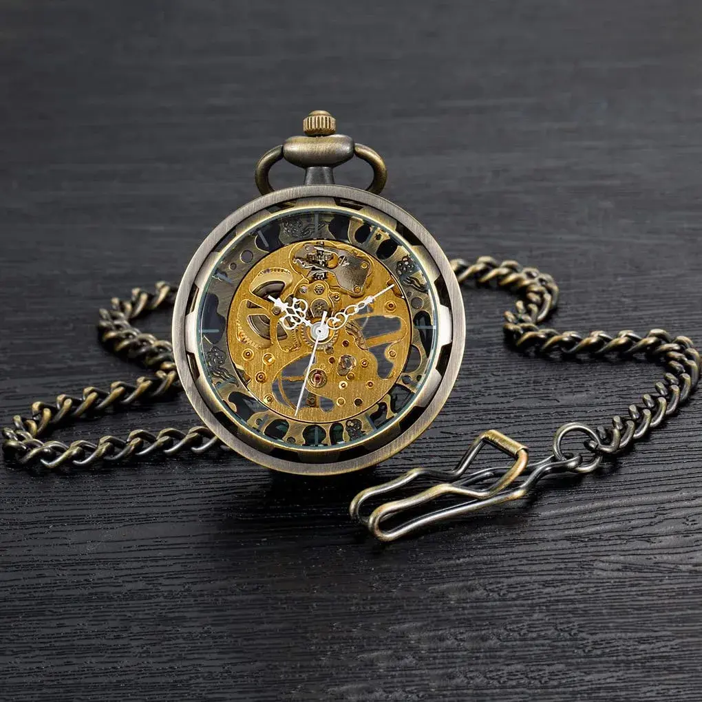 VIGOROSO Bronze Vintage Mechanical Pocket Watch with Chain | 4.3 cm (1.75 Inch) Case | Roman Numeral Dial - view 4