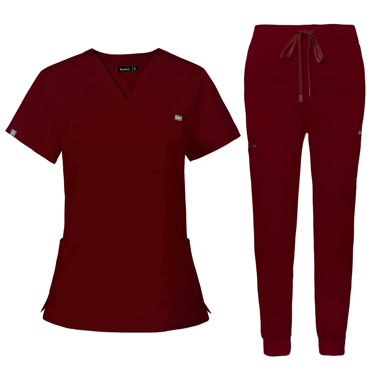 niaahinn Scrub for Women Scrubs Top with Classic V-Neck & Yoga Jogger Pants Medical Nursing Uniform Set (Burgundy, L) - main product image