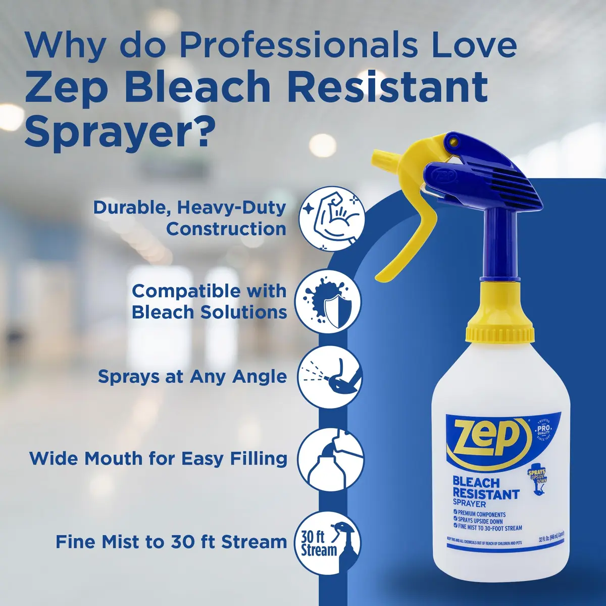 Zep Bleach Resistant Sprayer 32oz | Adjustable Nozzle, 30ft Stream, Commercial & Residential Use - view 2