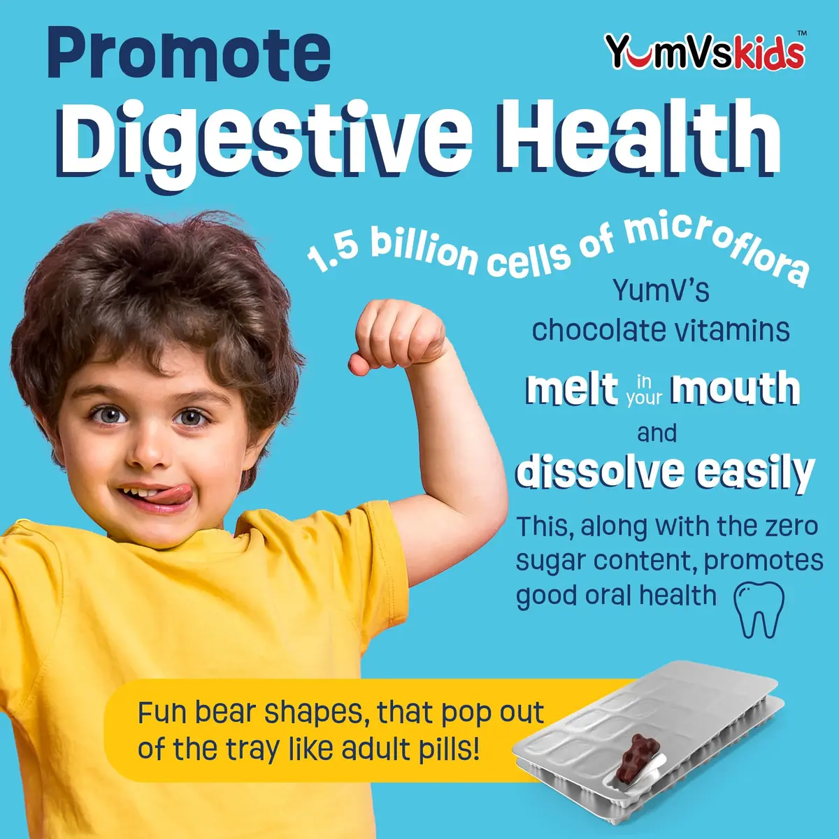 YUM-V'S Kids Probiotic Chocolate Bears 60 Count | 1 Billion CFU, Gluten-Free, Kosher & Halal (120g) - view 4