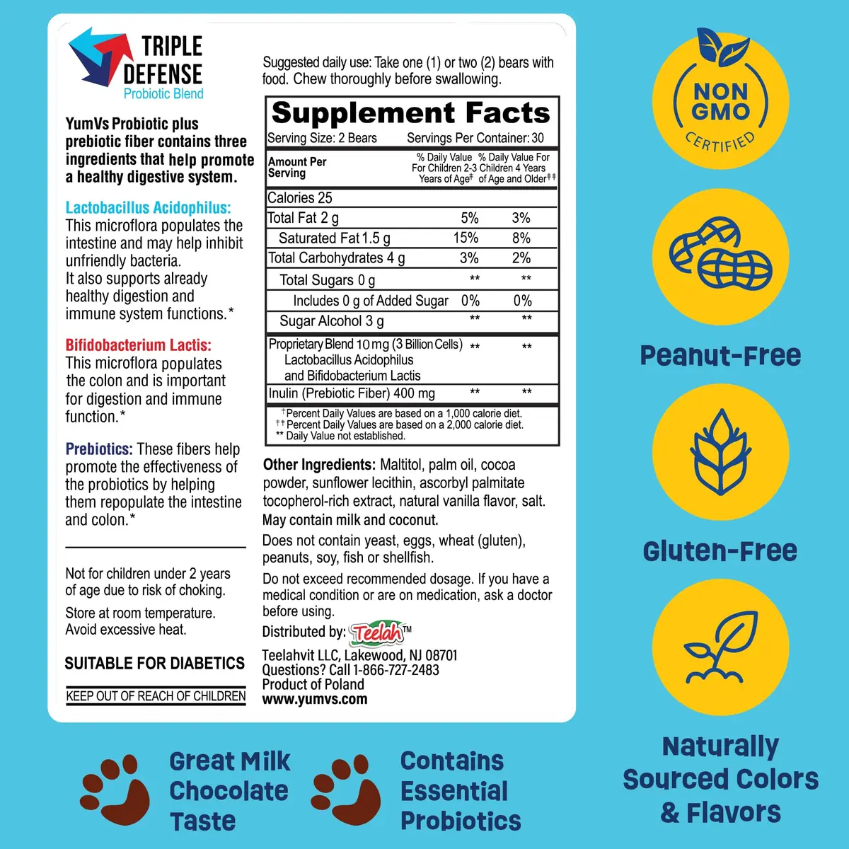 YUM-V'S Kids Probiotic Chocolate Bears 60 Count | 1 Billion CFU, Gluten-Free, Kosher & Halal (120g) - view 5