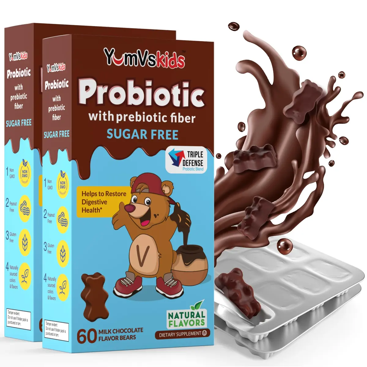 YUM-V'S Kids Probiotic Chocolate Bears 60 Count | 1 Billion CFU, Gluten-Free, Kosher & Halal (120g) - main product image