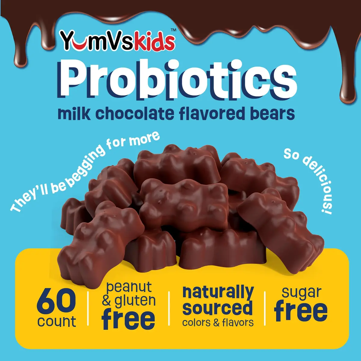 YUM-V'S Kids Probiotic Chocolate Bears 60 Count | 1 Billion CFU, Gluten-Free, Kosher & Halal (120g) - view 2