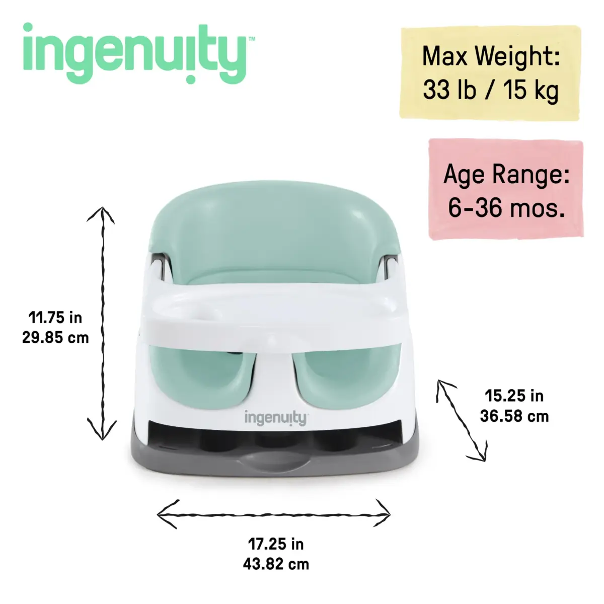 Ingenuity Baby Base 2-in-1 Booster Feeding and Floor Seat with Self-Storing Tray - Mist | 43.8cm x 29.9cm x 38.7cm - view 6