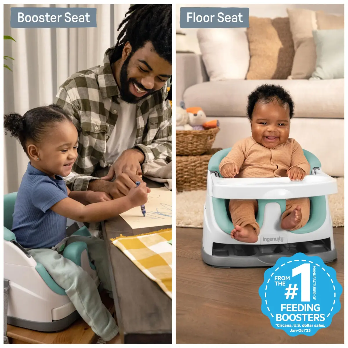 Ingenuity Baby Base 2-in-1 Booster Feeding and Floor Seat with Self-Storing Tray - Mist | 43.8cm x 29.9cm x 38.7cm - view 2