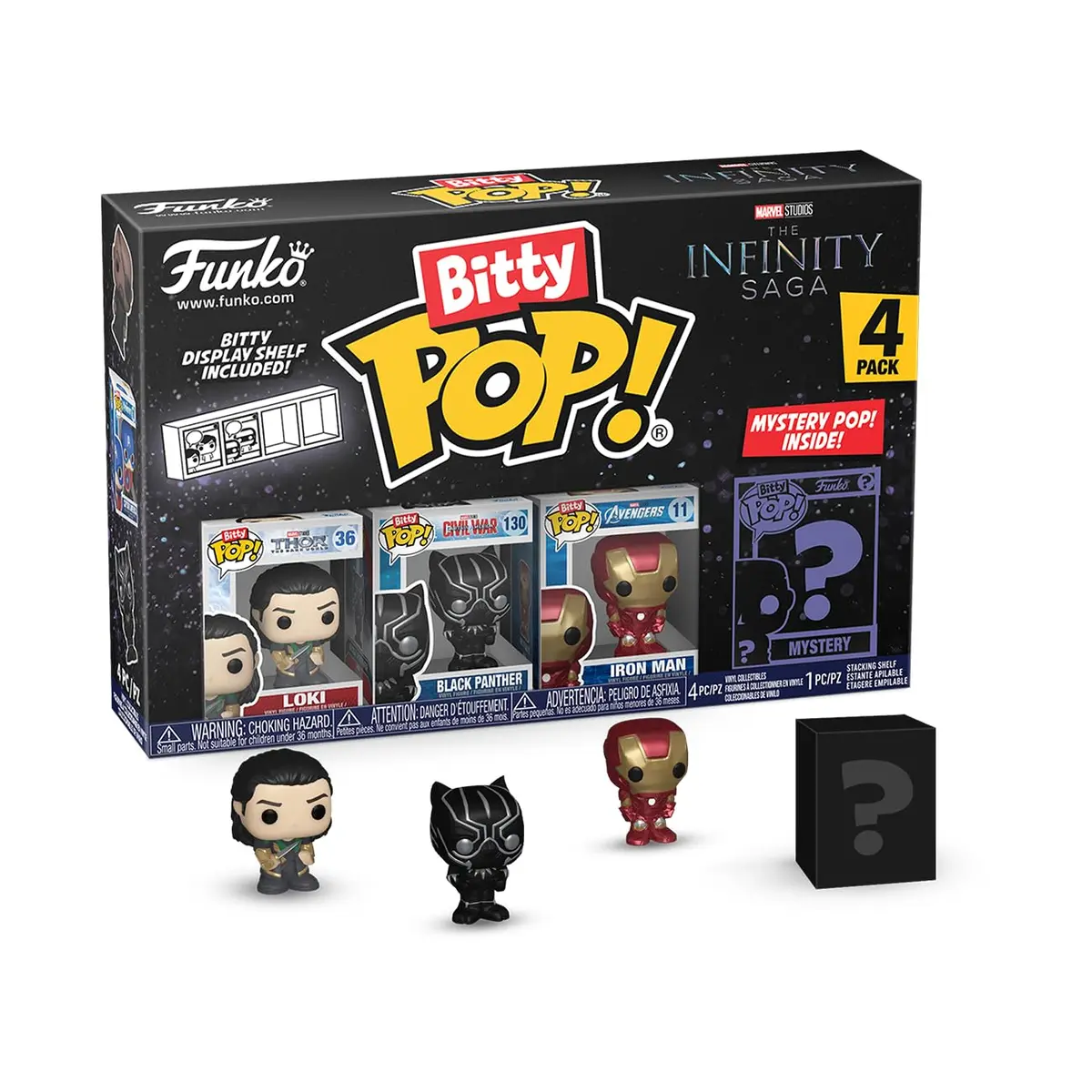 Funko Bitty POP! Marvel 4-Pack: Loki, Black Panther, Iron Man & Mystery Figure | 0.9-inch Collectible Vinyl Figures - main product image