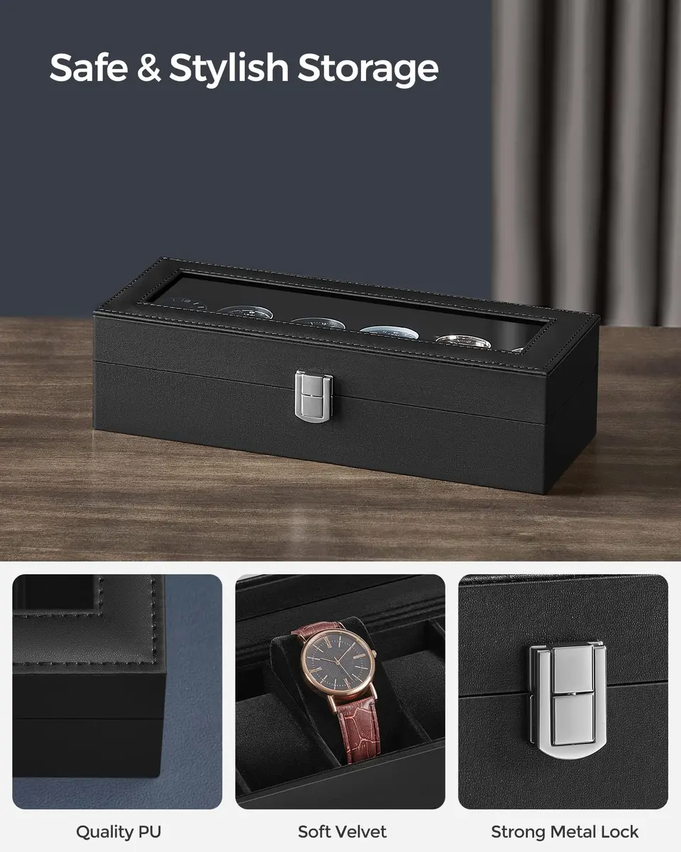 SONGMICS Watch Box 6-Slot with Large Glass Lid | Classic Jewelry & Watch Organizer - view 3
