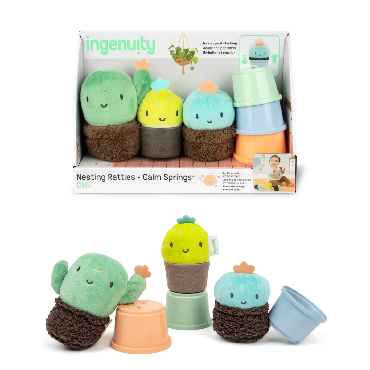 Ingenuity Calm Springs Nesting Rattles for Baby 3 Months & Up, Stackable Toys, BPA-Free Multi-Texture Rattle Set of 3, Unisex - main product image
