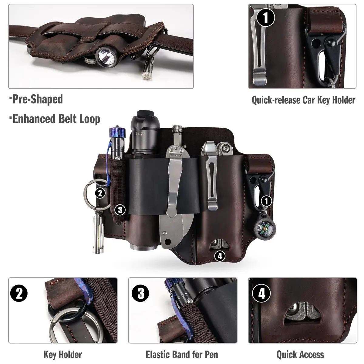 Sayram ST1 Leather Multitool Sheath with Clip, 100g (3.5oz) | EDC Belt Organizer for Leatherman Tools, Pen, Keychain - view 4
