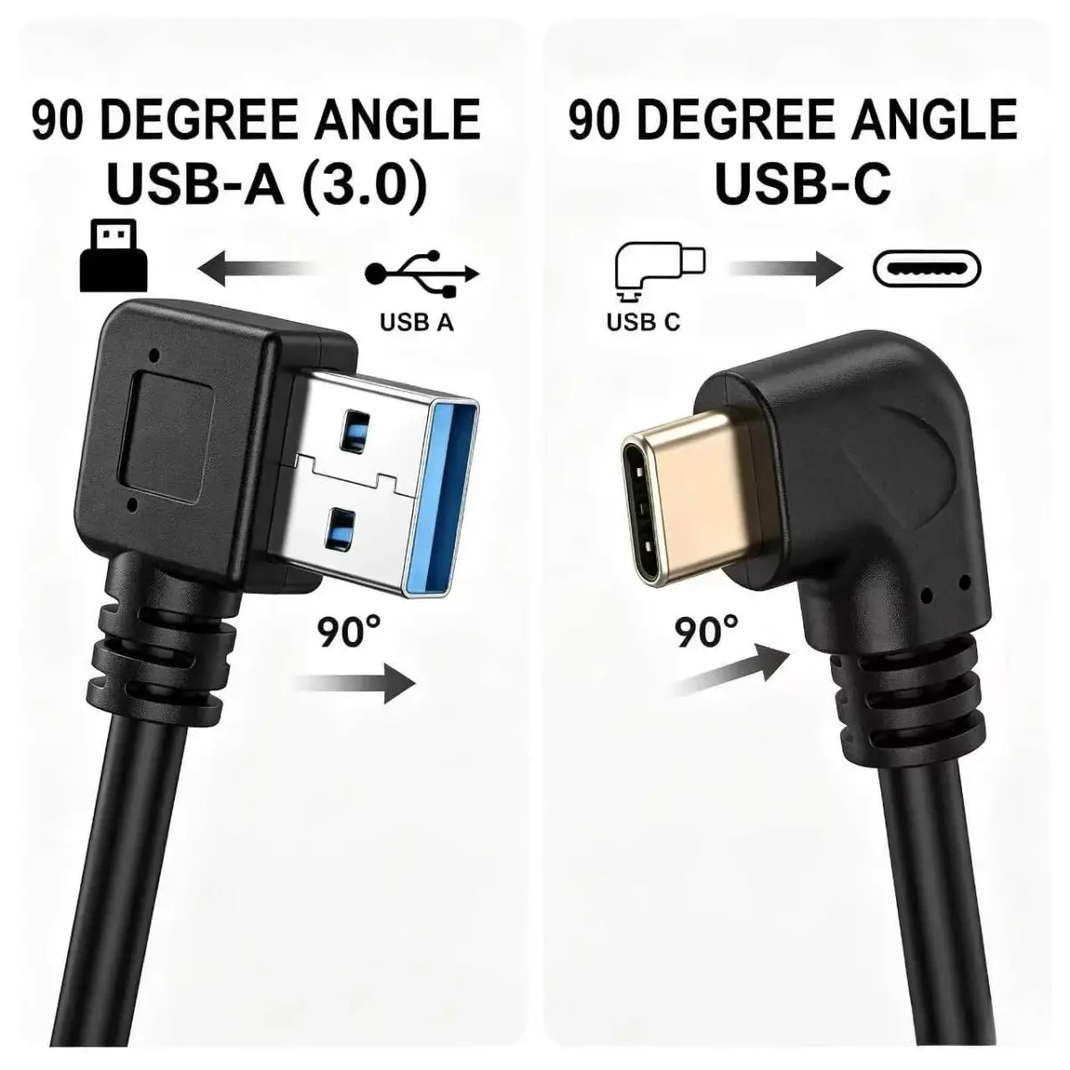 Oxsubor USB C 90 Degree Right Angle Cable Extension USB 3.0 Type c Cable Left Angle Male (25cm / 9.8in, Black, 2-Pack) - view 3