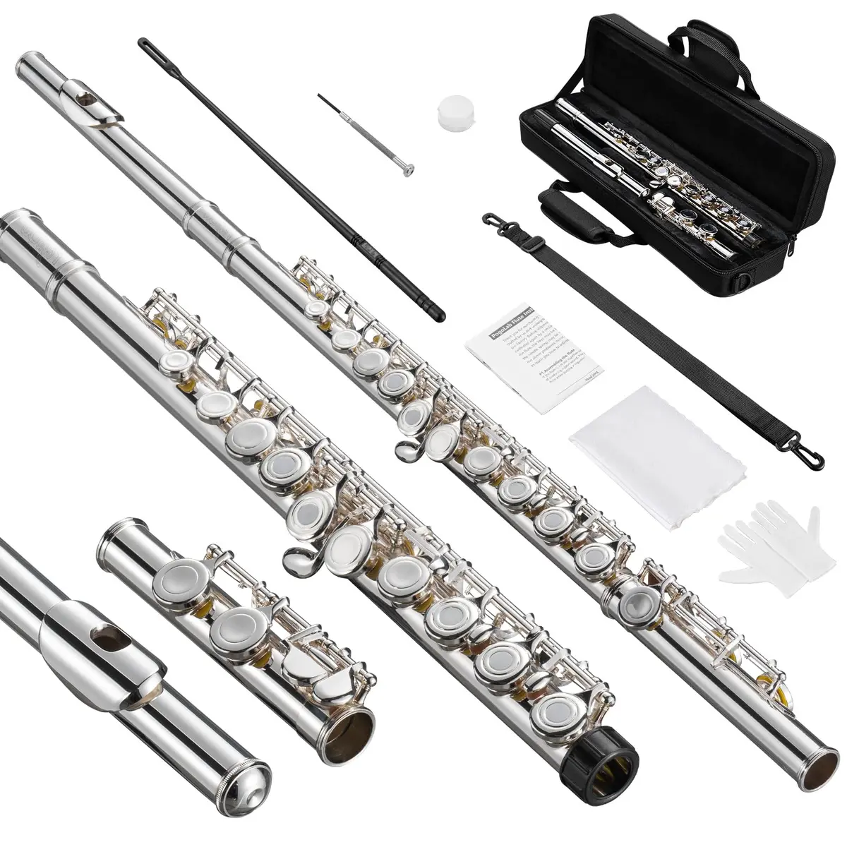 POGOLAB Open Hole C Flute 16 Keys Silver Plated Beginner & Advanced with Carry Bag - main product image