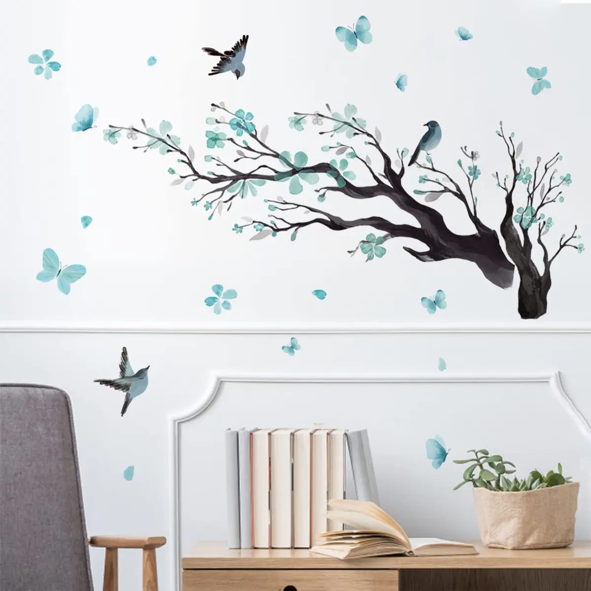 BWCXXZH Watercolor Blue Flower Wall Stickers | Reusable DIY Wall Decor for Nursery & Living Room - view 5