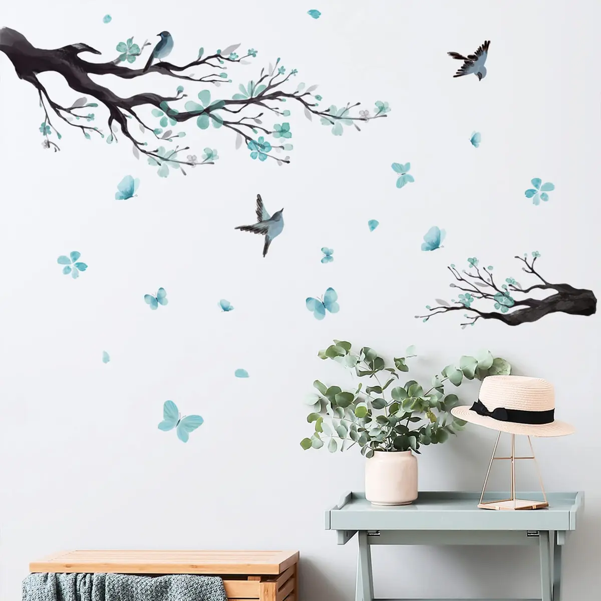 BWCXXZH Watercolor Blue Flower Wall Stickers | Reusable DIY Wall Decor for Nursery & Living Room - view 2