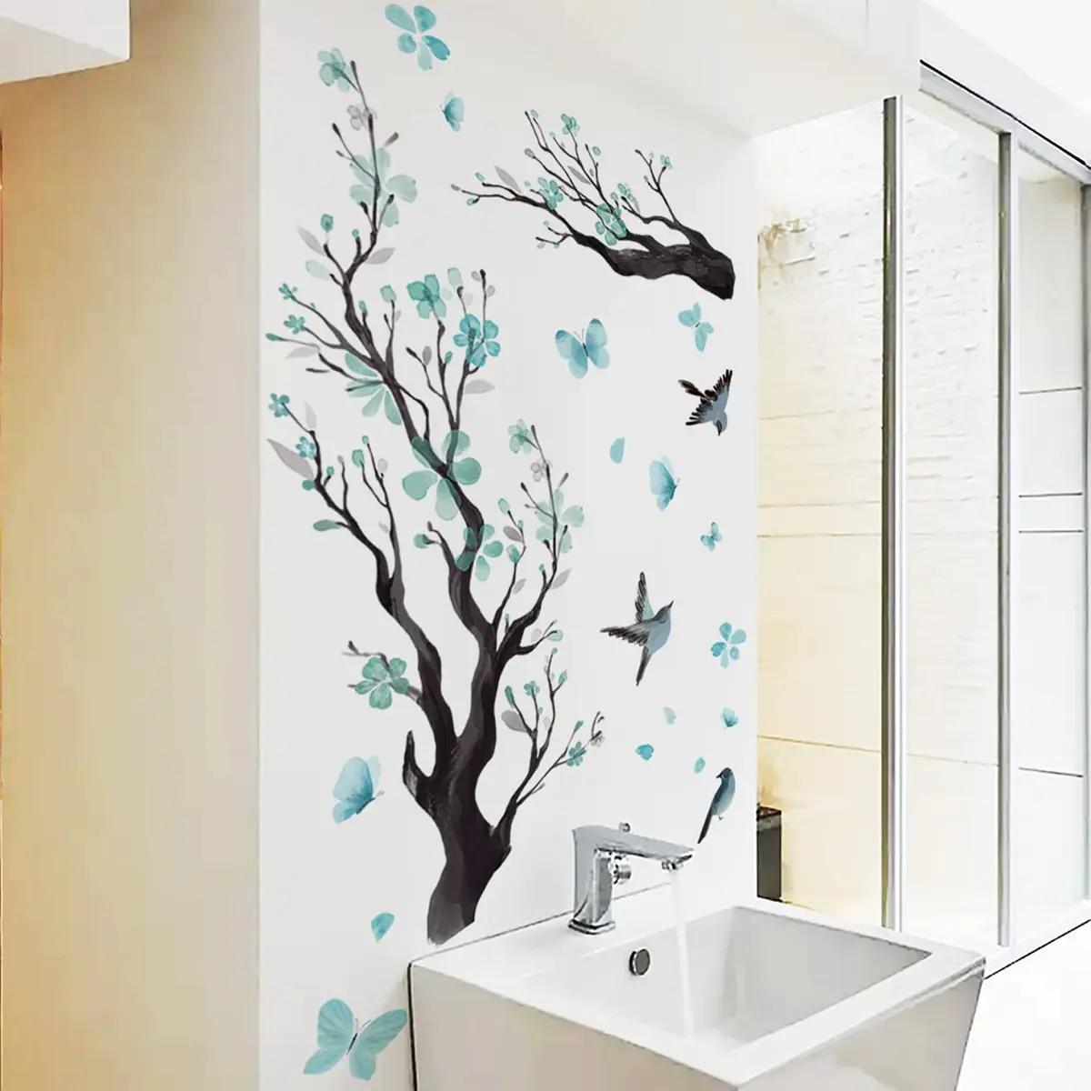 BWCXXZH Watercolor Blue Flower Wall Stickers | Reusable DIY Wall Decor for Nursery & Living Room - view 3