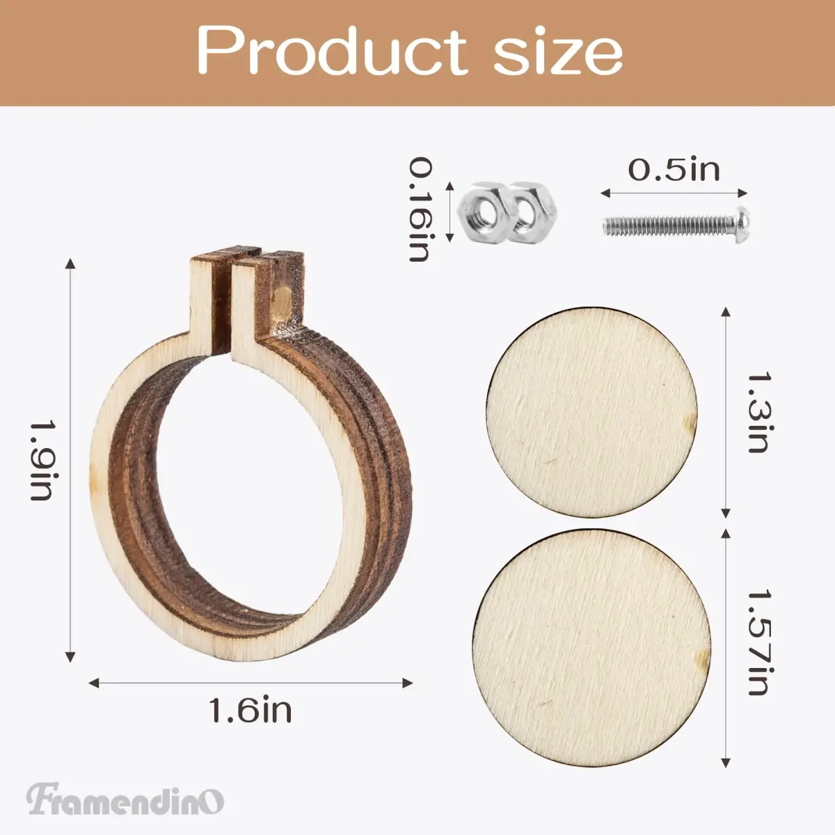 Framendino Mini Embroidery Hoop Wood Ring 4.8 cm (1.9"x1.6") | DIY Pendant Frame Craft Set of 10 - view 2