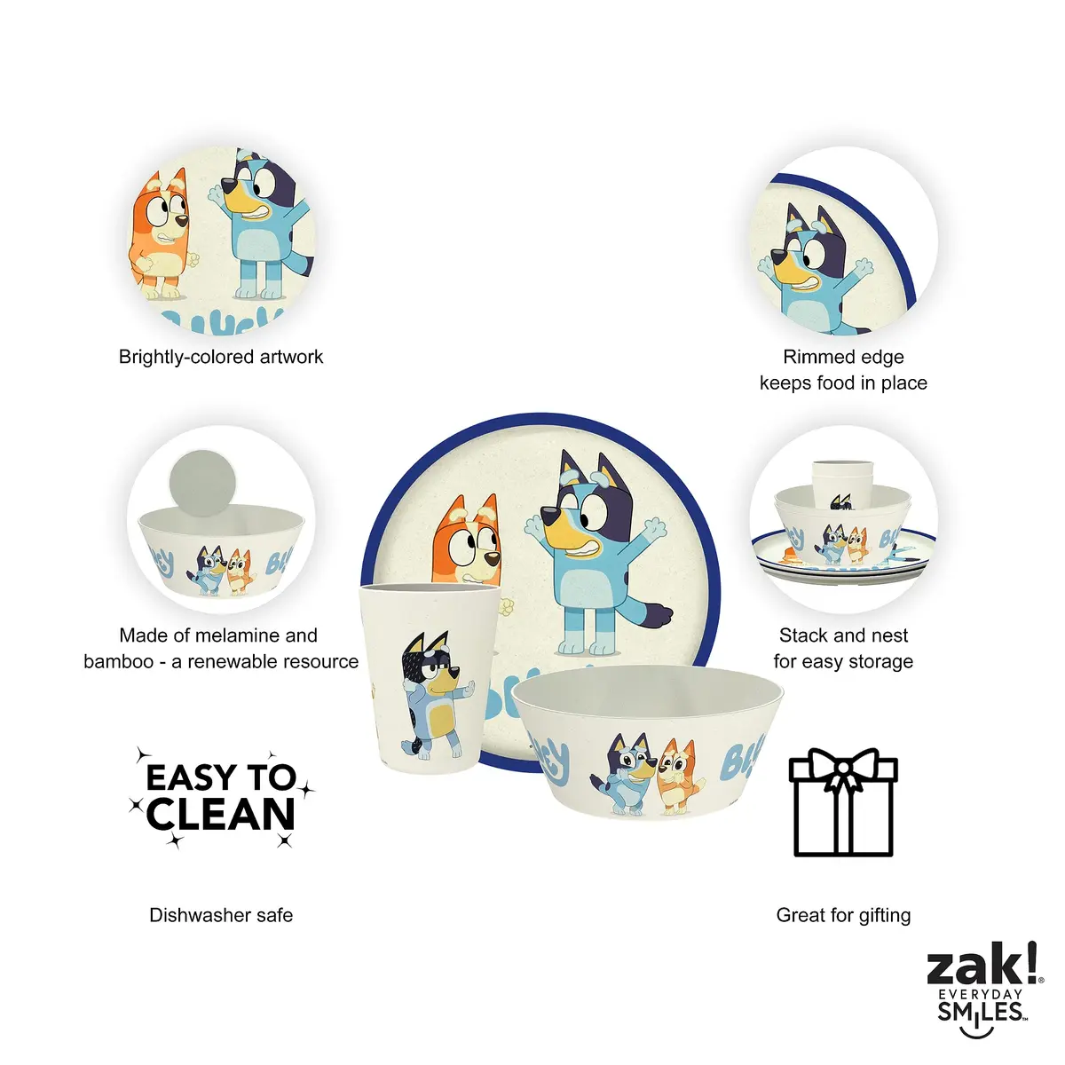 Zak Designs Bluey Kids Dinnerware Set 3 Pieces | Durable Melamine Bamboo Plate, Bowl & Tumbler for Family Meals - view 4