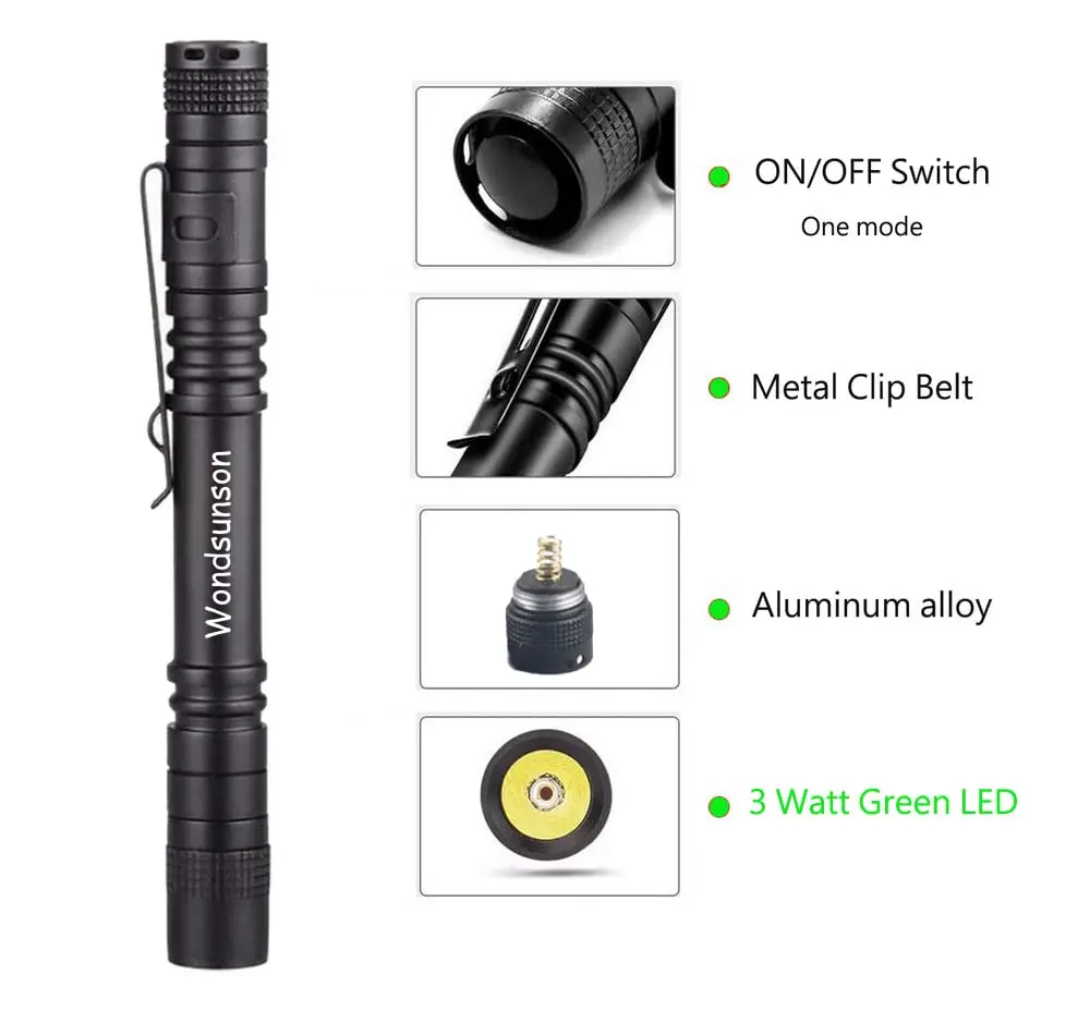 WONDSUNSON Green Light Pen Type Penlight Flashlight | 150 Lumens, Aluminum, IP44, 2 Pack - view 6