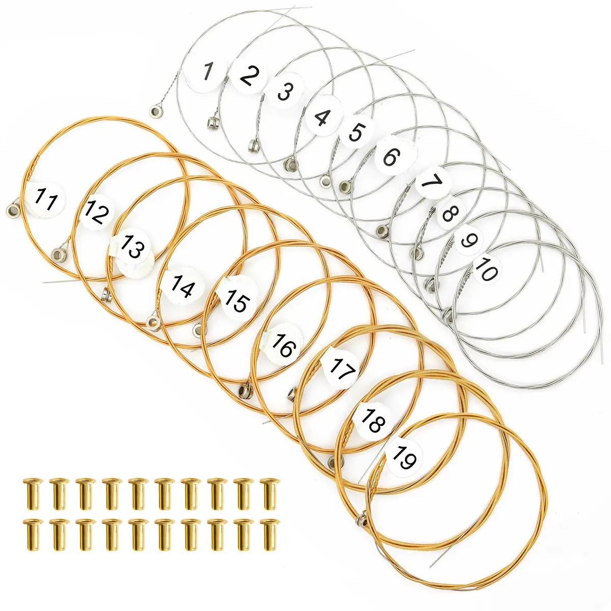 INKNOTE 19 Pcs Lyre Harp Replacement Metal Strings with 20 Rivets | Clear Warm Tone - main product image