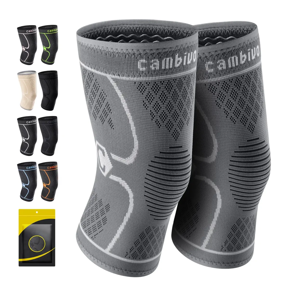 CAMBIVO 2 Pack Knee Brace Compression Sleeve X-Large (Cool Gray) | FDA Approved Orthopedic Brace - main product image