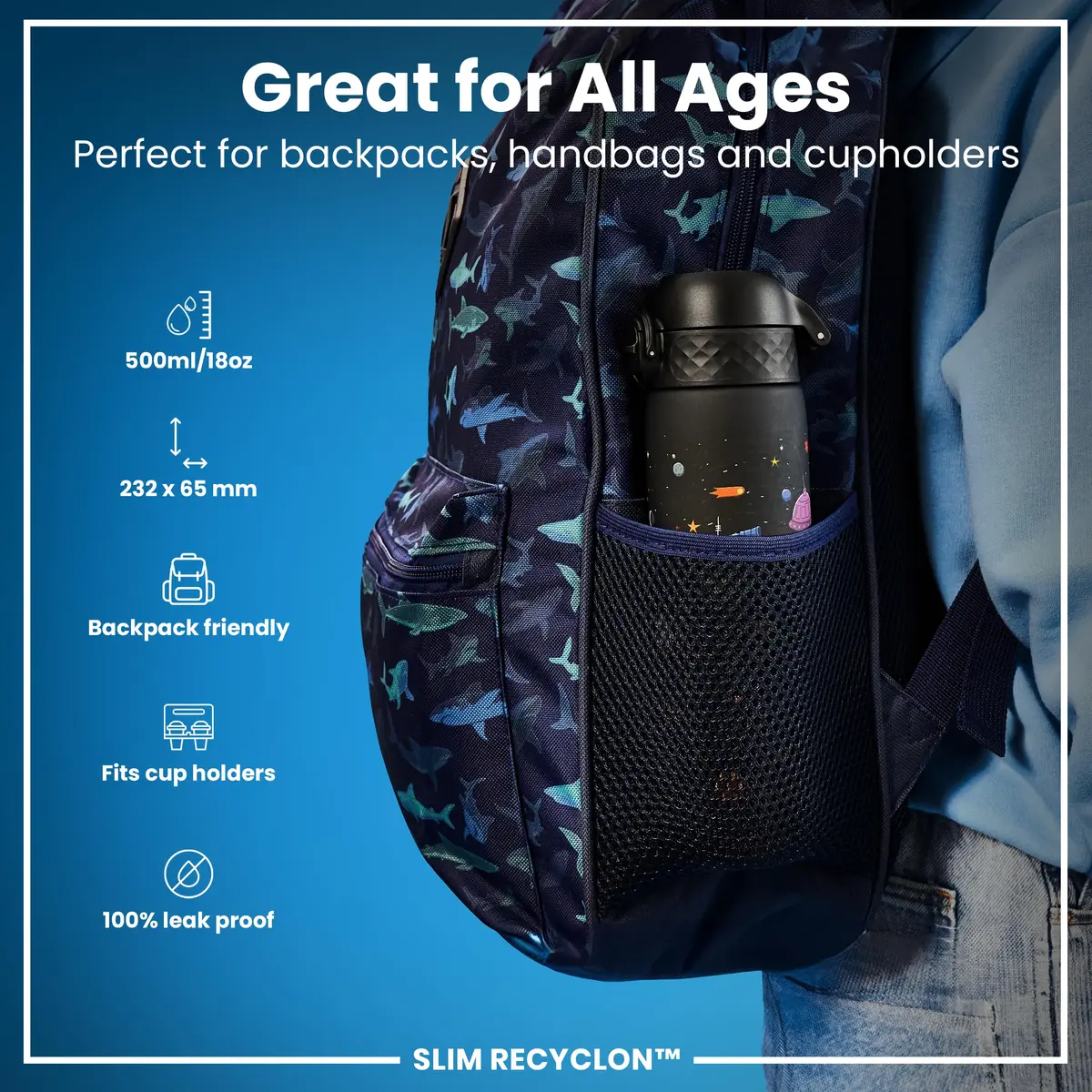Ion8 Water Bottle, 500 ml/18 oz, Leak Proof, BPA Free, Spaceships Design - view 2