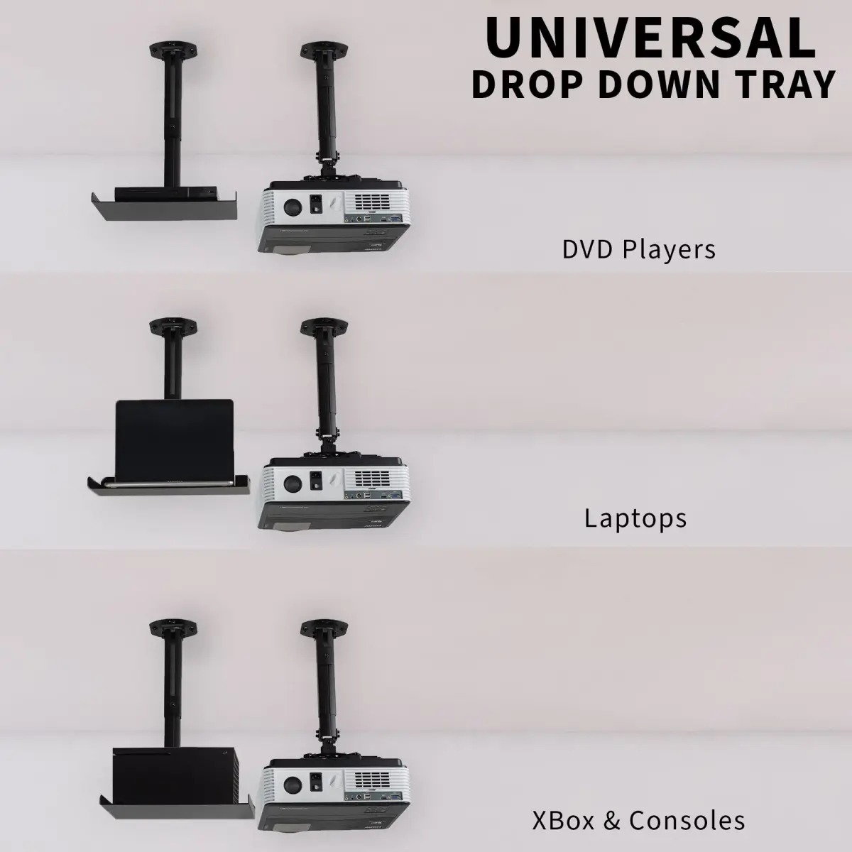 VIVO Universal Extending Ceiling Projector Tray Mount Black | Height Adjustable Projection, No Hole Installation, Hidden Cable Routing (13.8" x 8.7" Tray, 11 lb Capacity) - view 9