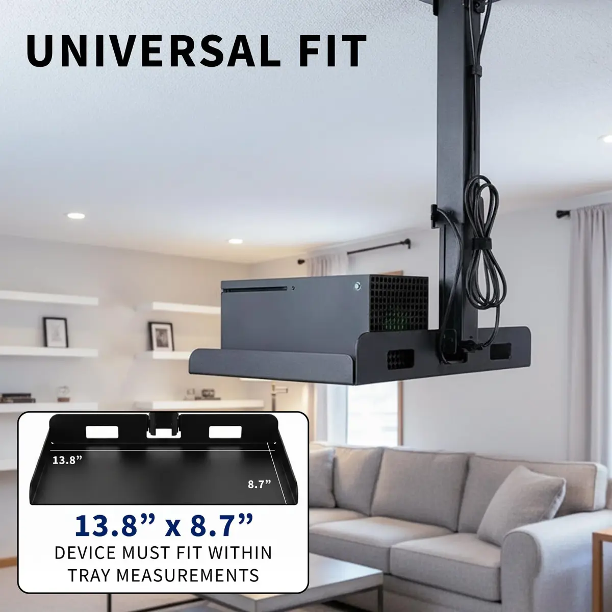 VIVO Universal Extending Ceiling Projector Tray Mount Black | Height Adjustable Projection, No Hole Installation, Hidden Cable Routing (13.8" x 8.7" Tray, 11 lb Capacity) - view 3
