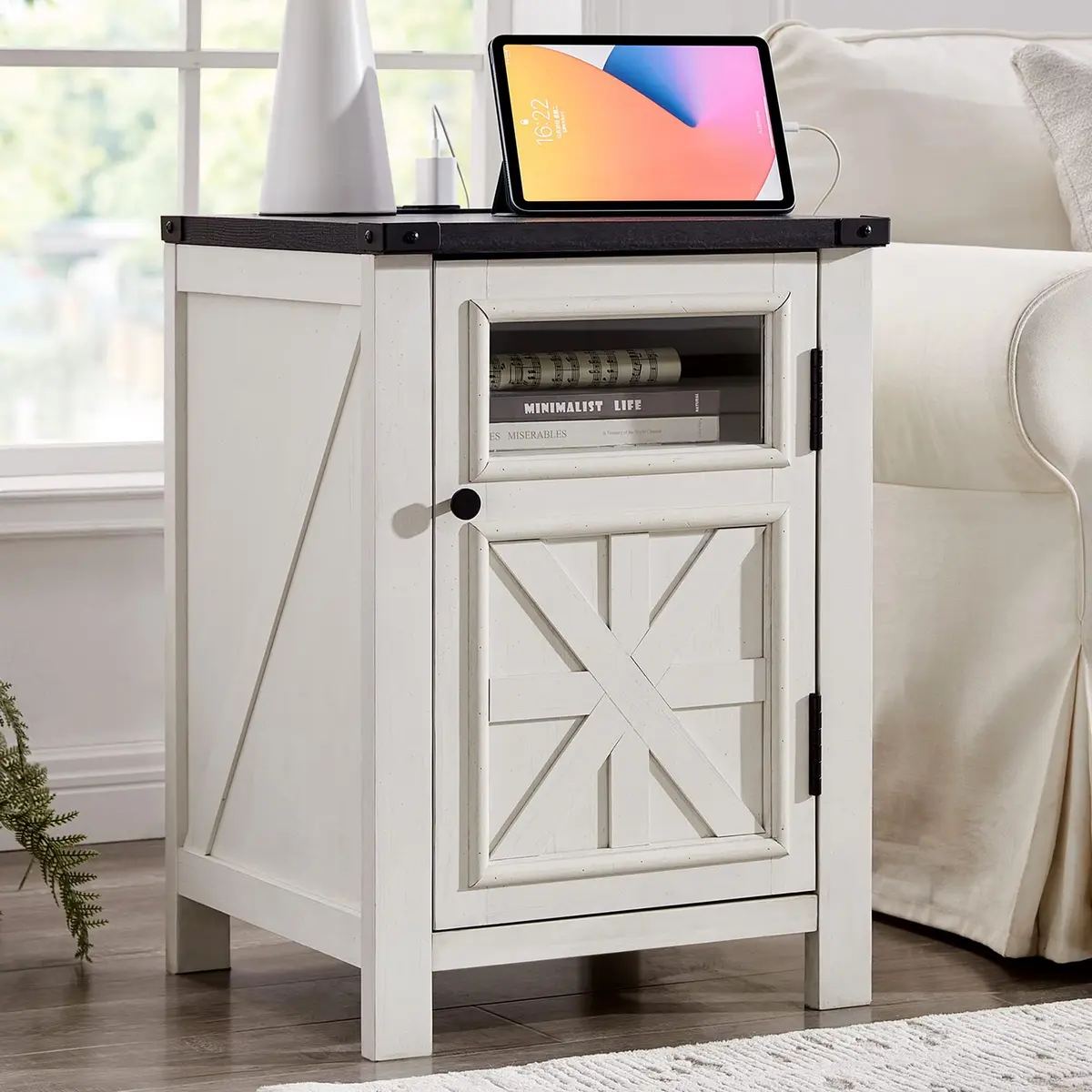 JXQTLINGMU Farmhouse End Table with Charging Station | Rustic Nightstand with Barn Door & Adjustable Shelf - main product image