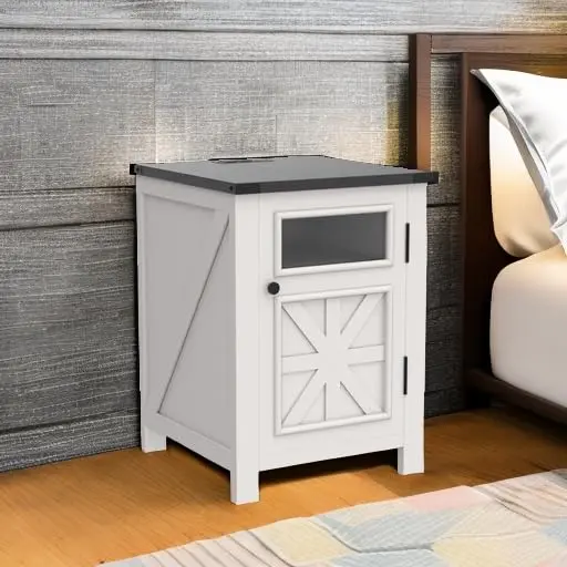 JXQTLINGMU Farmhouse End Table with Charging Station | Rustic Nightstand with Barn Door & Adjustable Shelf - view 5