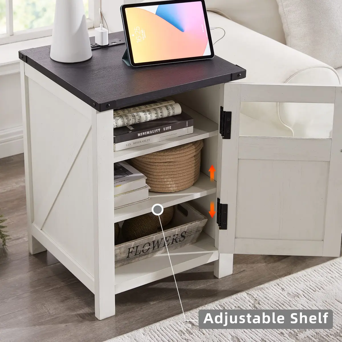 JXQTLINGMU Farmhouse End Table with Charging Station | Rustic Nightstand with Barn Door & Adjustable Shelf - view 7