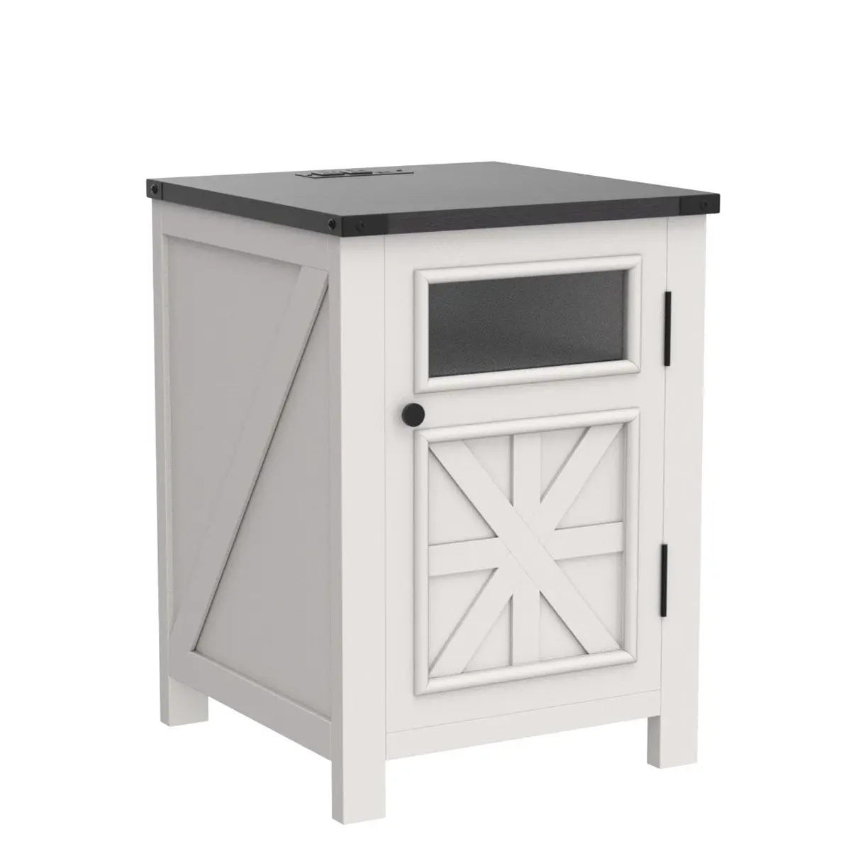 JXQTLINGMU Farmhouse End Table with Charging Station | Rustic Nightstand with Barn Door & Adjustable Shelf - view 4
