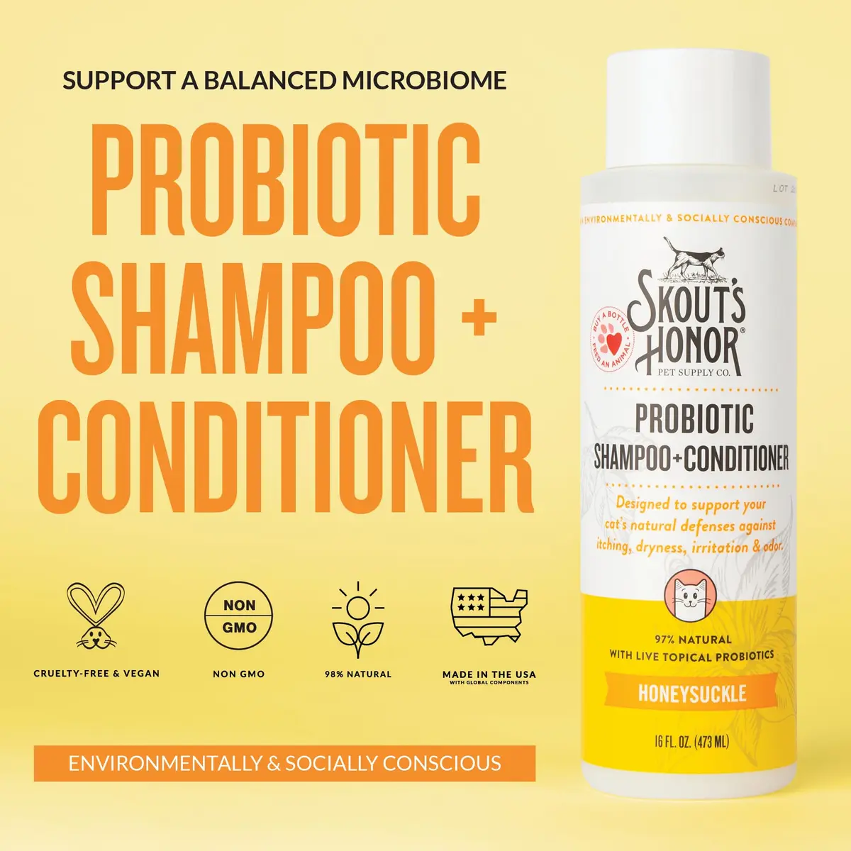 SKOUT'S HONOR Probiotic Cat Shampoo and Conditioner - Honeysuckle, 16 oz | Natural, 97% Organic, Hydrating & Cruelty-Free - view 2