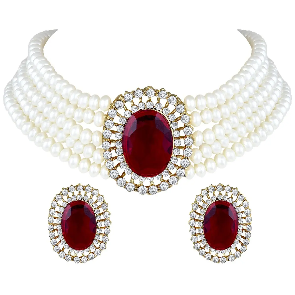 I Jewels Gold Plated Pearl Choker Necklace Jewellery Set with Green Stones & Earrings for Women | Necklace: 2.54cm (1 inch) x 4cm, Earrings: 4cm x 3.3cm - main product image