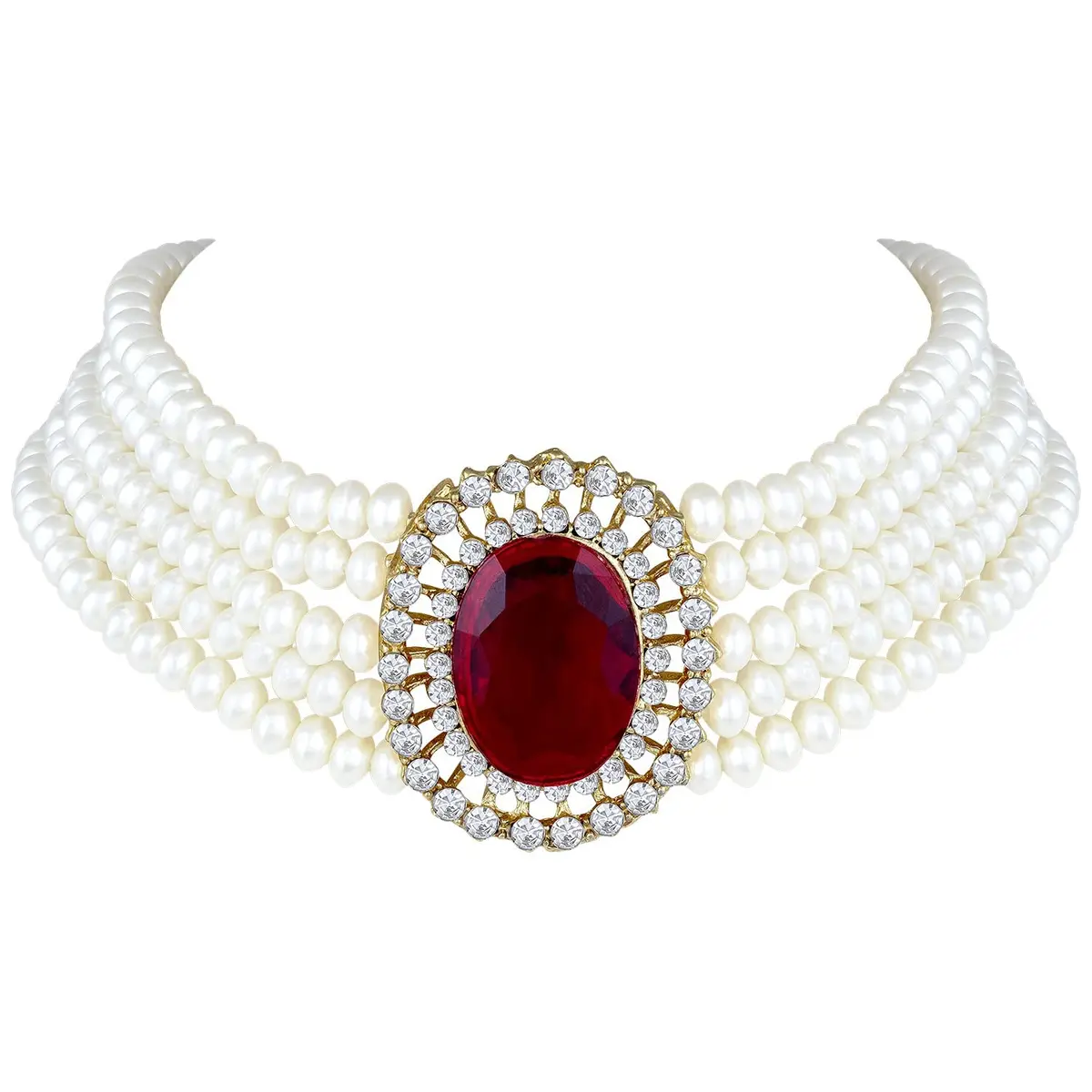 I Jewels Gold Plated Pearl Choker Necklace Jewellery Set with Green Stones & Earrings for Women | Necklace: 2.54cm (1 inch) x 4cm, Earrings: 4cm x 3.3cm - view 5