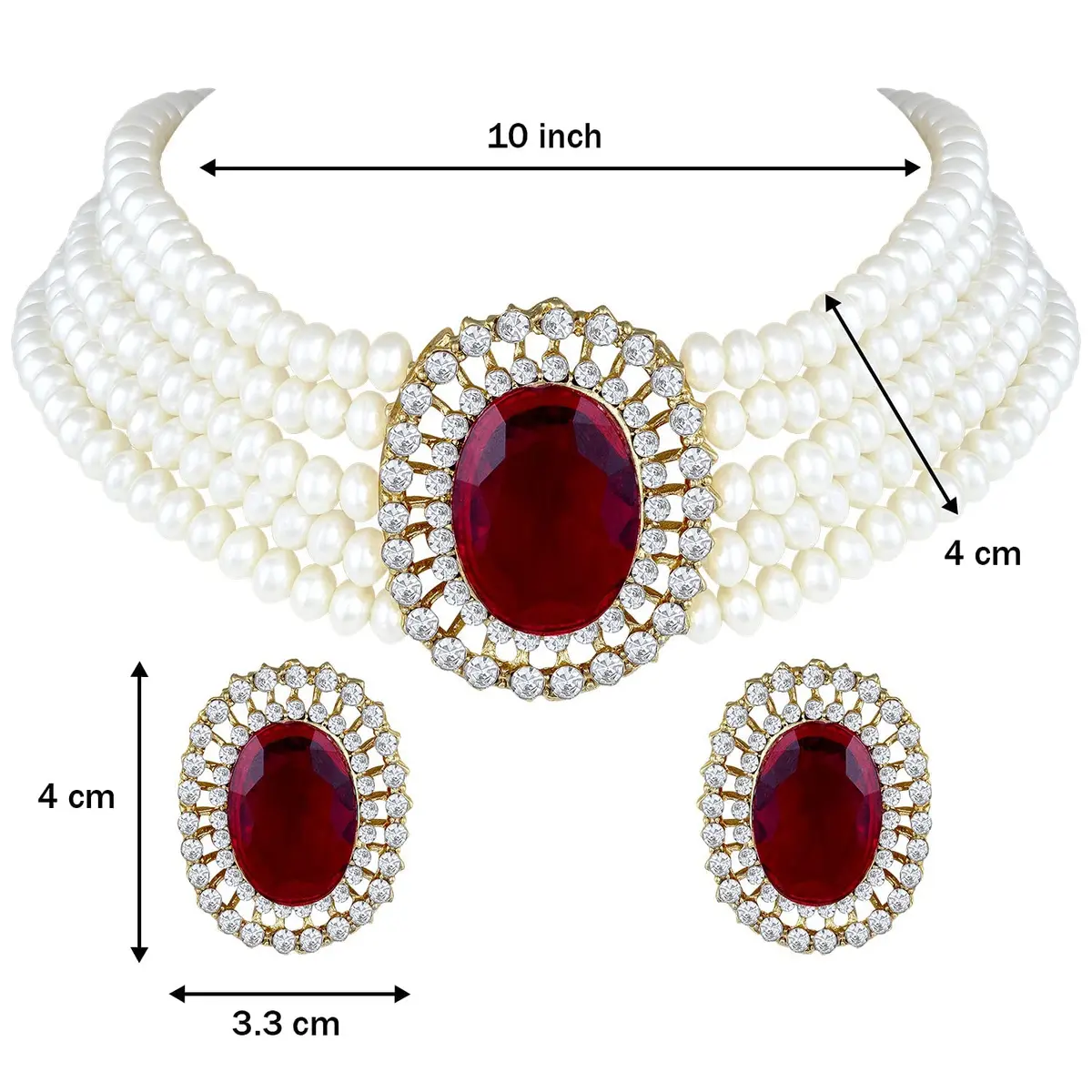 I Jewels Gold Plated Pearl Choker Necklace Jewellery Set with Green Stones & Earrings for Women | Necklace: 2.54cm (1 inch) x 4cm, Earrings: 4cm x 3.3cm - view 7