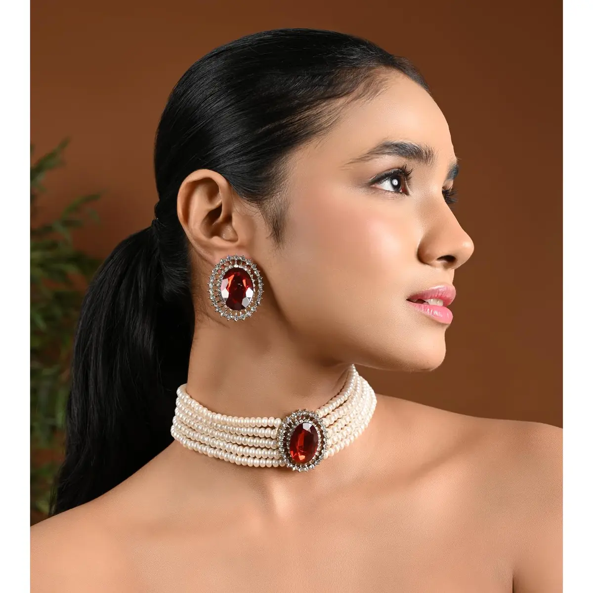I Jewels Gold Plated Pearl Choker Necklace Jewellery Set with Green Stones & Earrings for Women | Necklace: 2.54cm (1 inch) x 4cm, Earrings: 4cm x 3.3cm - view 2