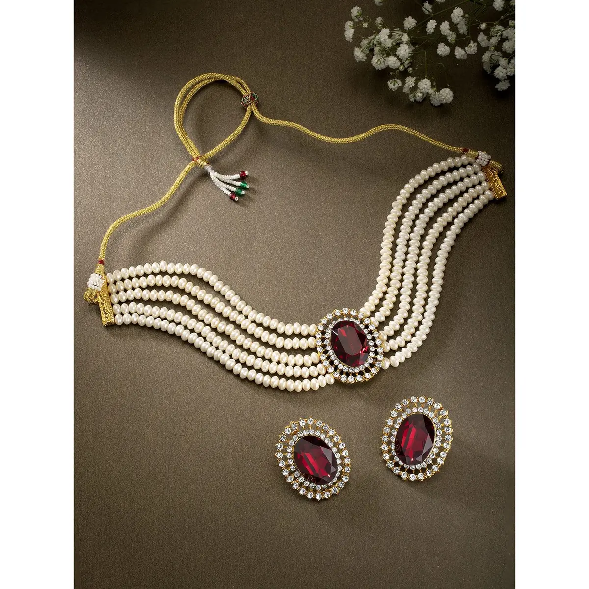 I Jewels Gold Plated Pearl Choker Necklace Jewellery Set with Green Stones & Earrings for Women | Necklace: 2.54cm (1 inch) x 4cm, Earrings: 4cm x 3.3cm - view 3