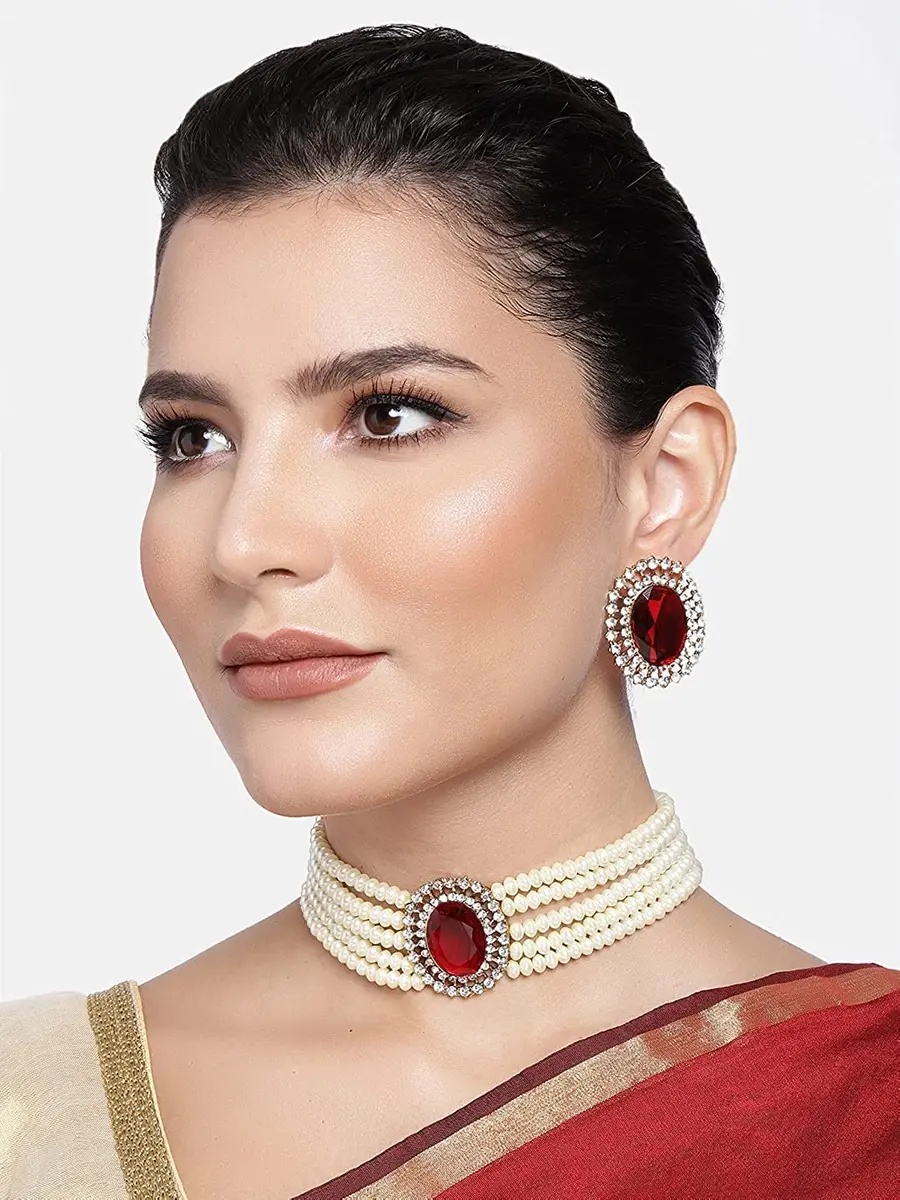 I Jewels Gold Plated Pearl Choker Necklace Jewellery Set with Green Stones & Earrings for Women | Necklace: 2.54cm (1 inch) x 4cm, Earrings: 4cm x 3.3cm - view 4