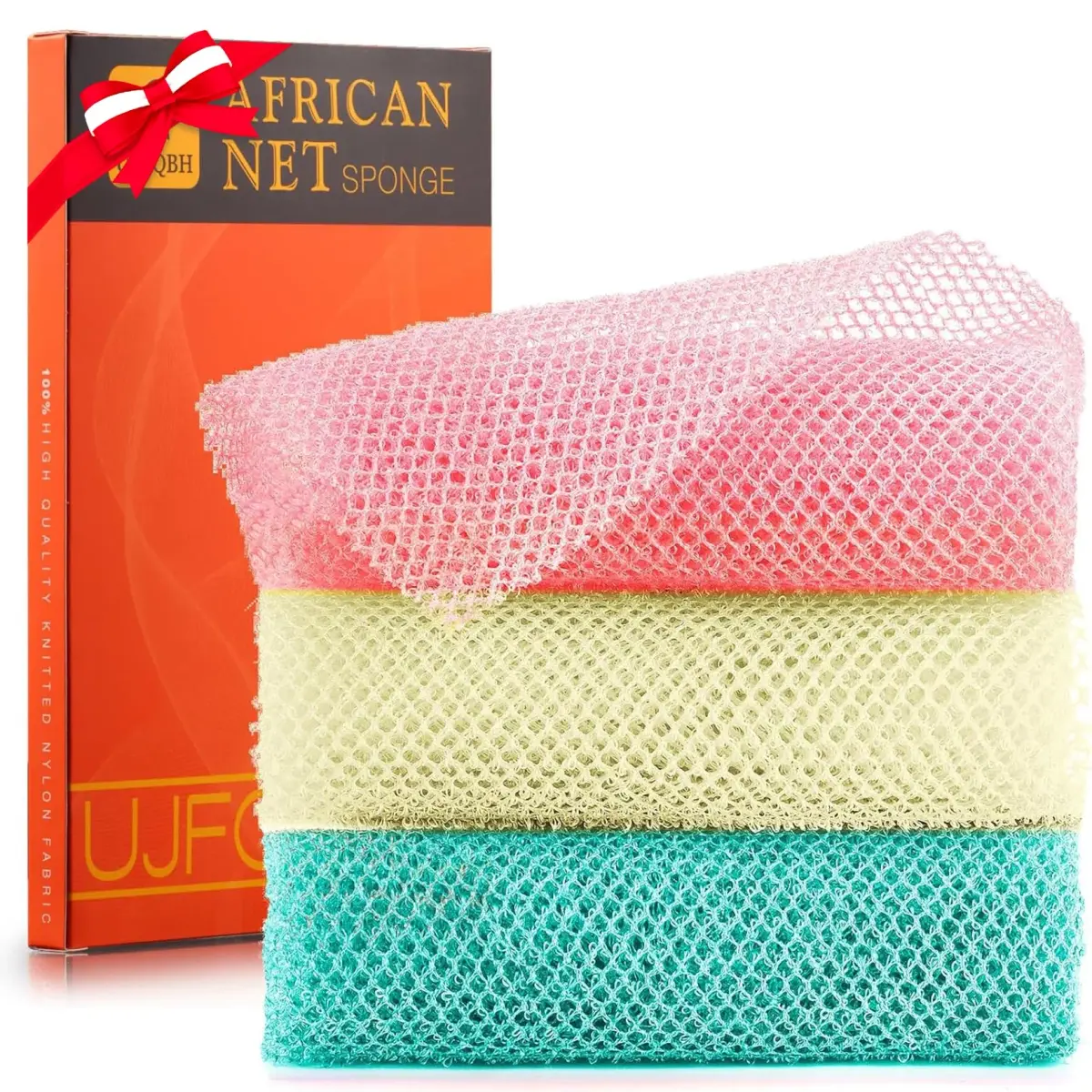 UJFQBH African Net Sponge 3 Pack - Pink, Green, Off-White | Deep Cleansing & Gentle Exfoliation - main product image